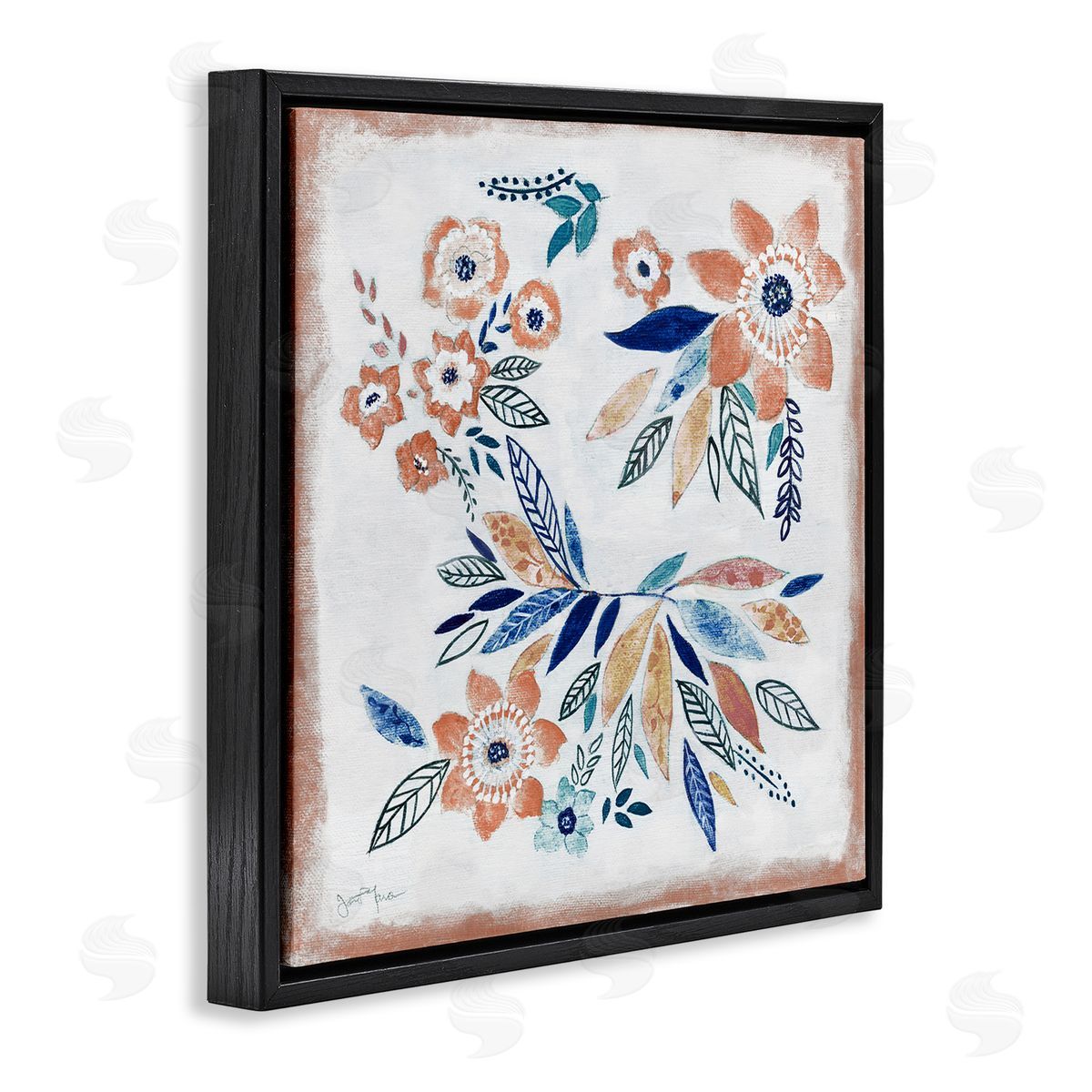 Janet Tava Floral Blossom Patterned Boho Black Floating Frame Canvas Wall Art Print
