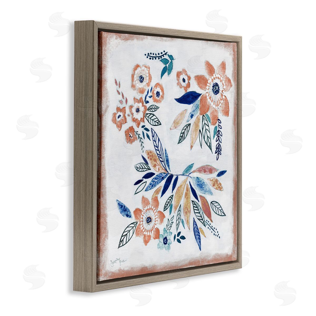 Janet Tava Floral Blossom Patterned Boho Brown Floating Frame Canvas Wall Art Print