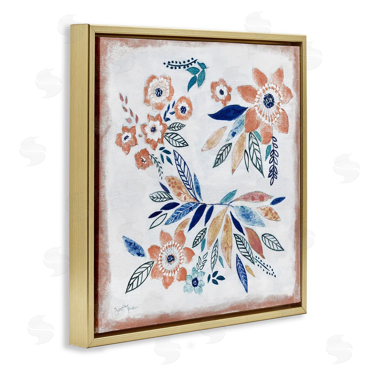 Janet Tava Floral Blossom Patterned Boho Gold Floating Frame Canvas Wall Art Print