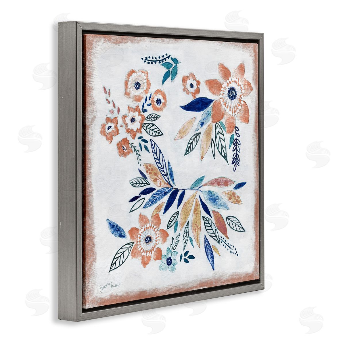 Janet Tava Floral Blossom Patterned Boho Gray Floating Frame Canvas Wall Art Print