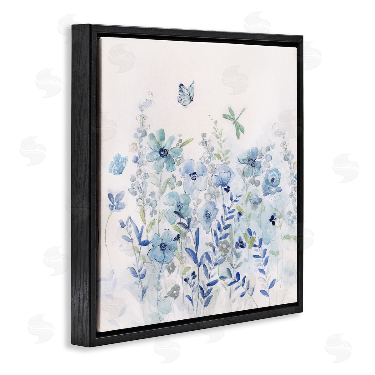 Sally Swatland Butterfly Fluttering Blue Flowers Black Floating Frame Canvas Wall Art Print