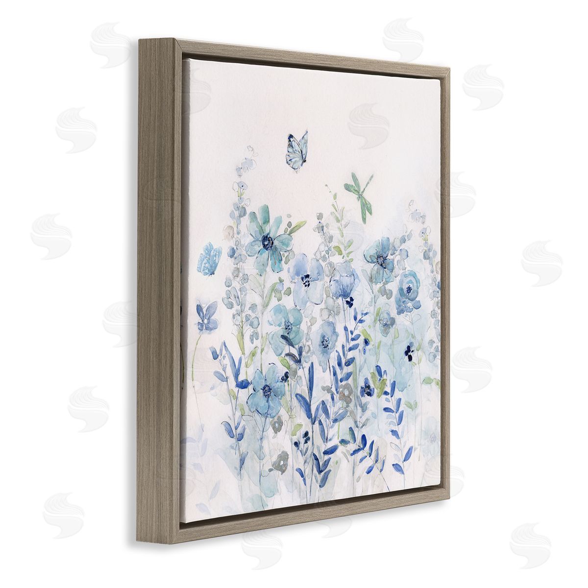 Sally Swatland Butterfly Fluttering Blue Flowers Brown Floating Frame Canvas Wall Art Print
