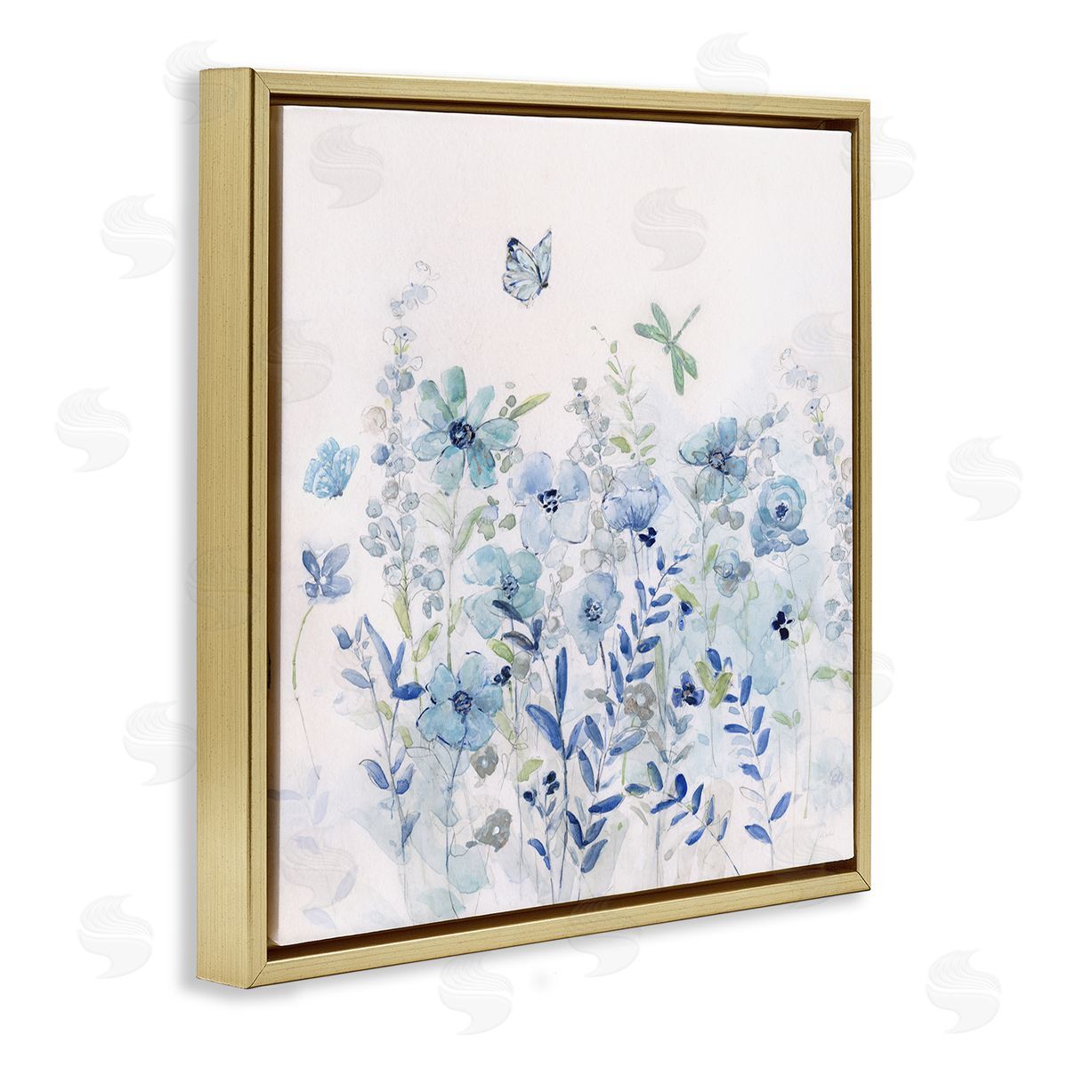 Sally Swatland Butterfly Fluttering Blue Flowers Gold Floating Frame Canvas Wall Art Print