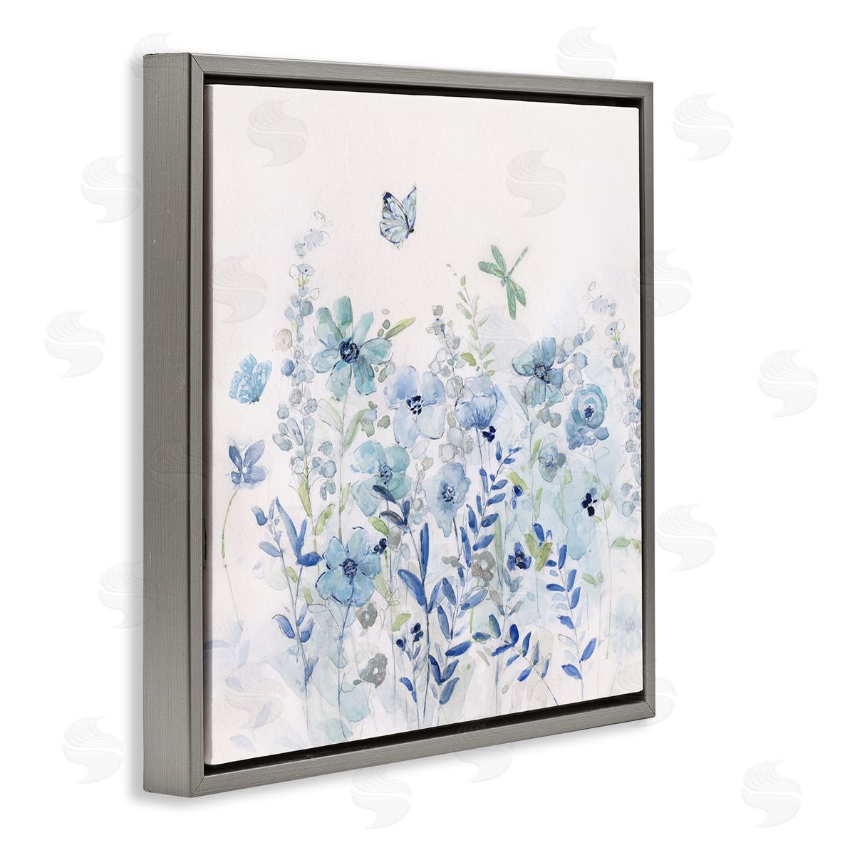 Sally Swatland Butterfly Fluttering Blue Flowers Gray Floating Frame Canvas Wall Art Print
