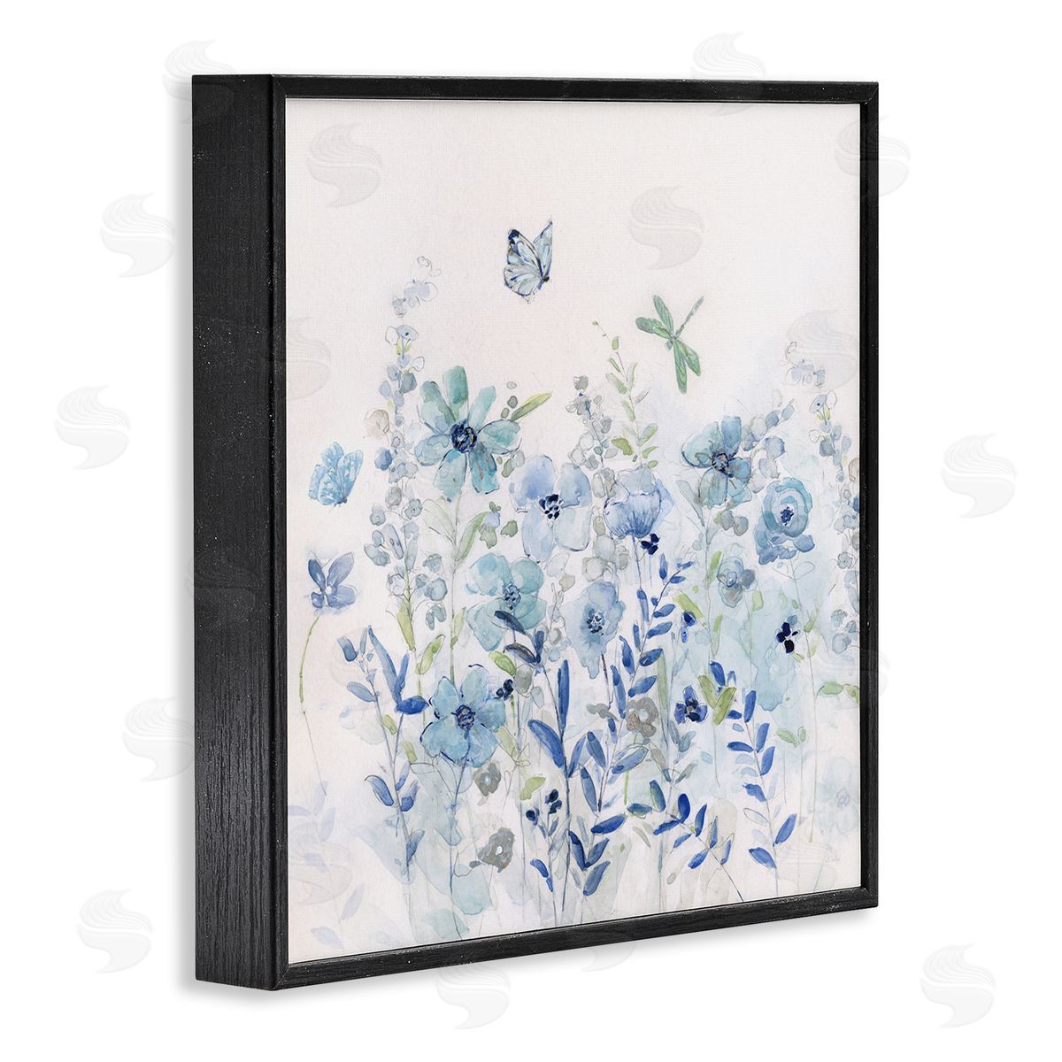 Sally Swatland Butterfly Fluttering Blue Flowers Black Framed Glicee Wall Art Print