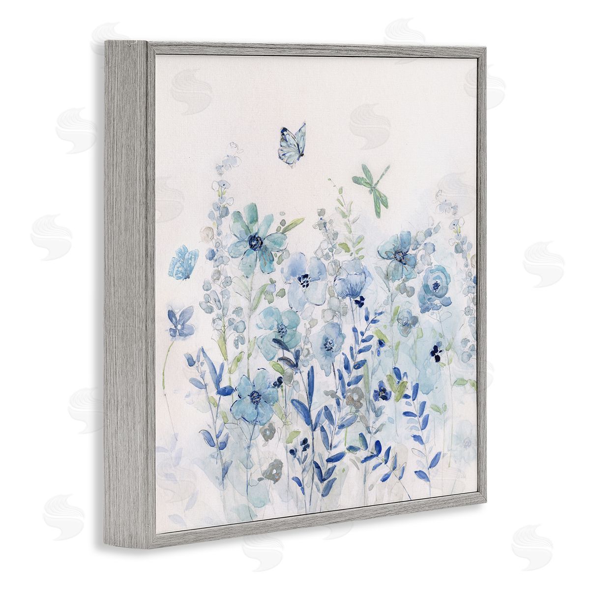 Sally Swatland Butterfly Fluttering Blue Flowers Gray Framed Glicee Wall Art Print