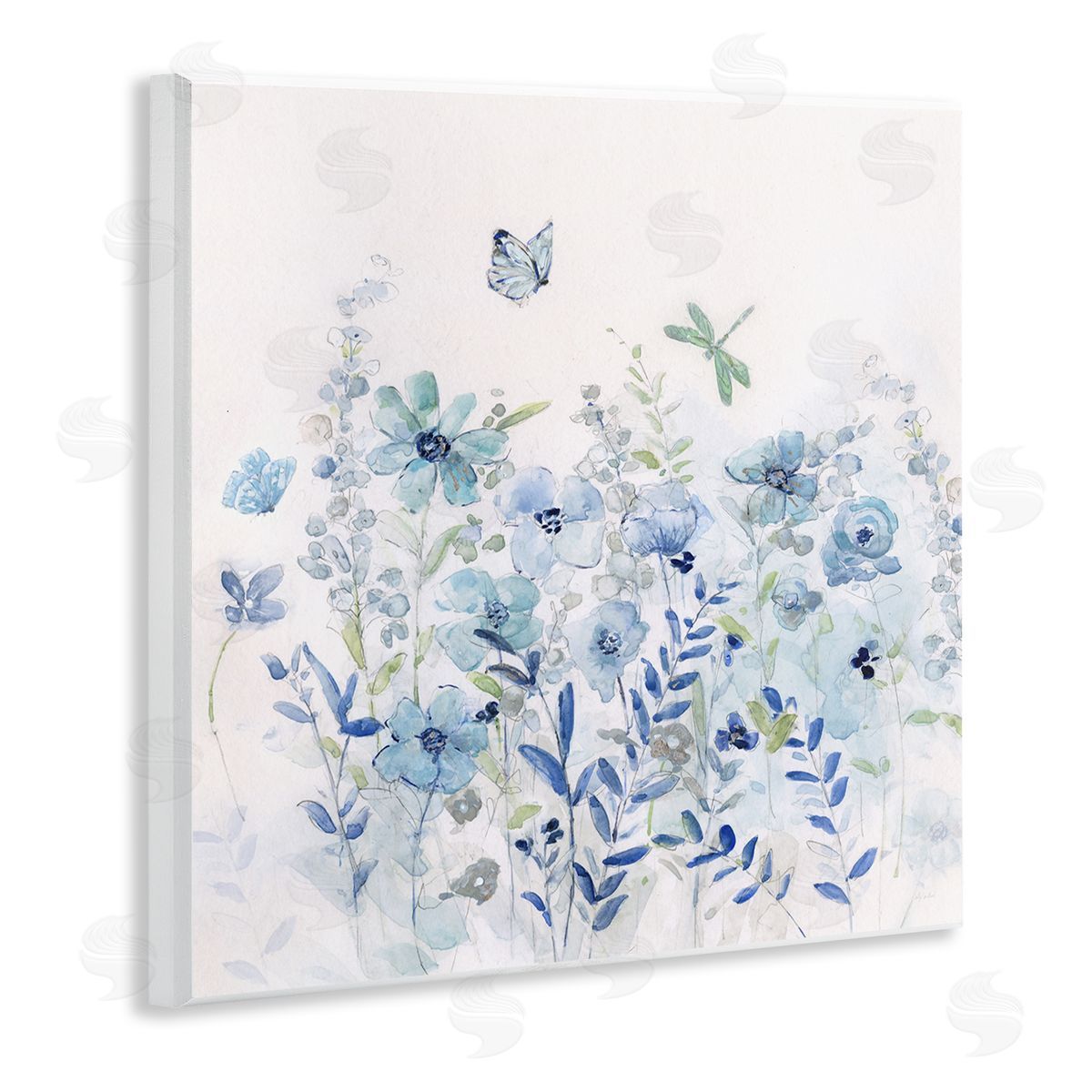 Sally Swatland Butterfly Fluttering Blue Flowers Wooden Wall Plaque Art Print