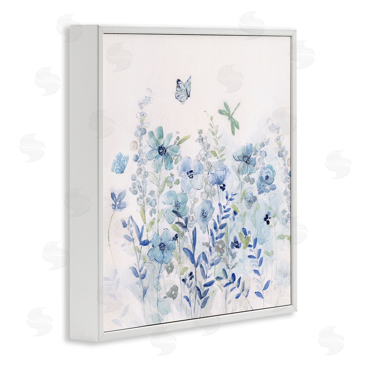 Sally Swatland Butterfly Fluttering Blue Flowers White Framed Glicee Wall Art Print