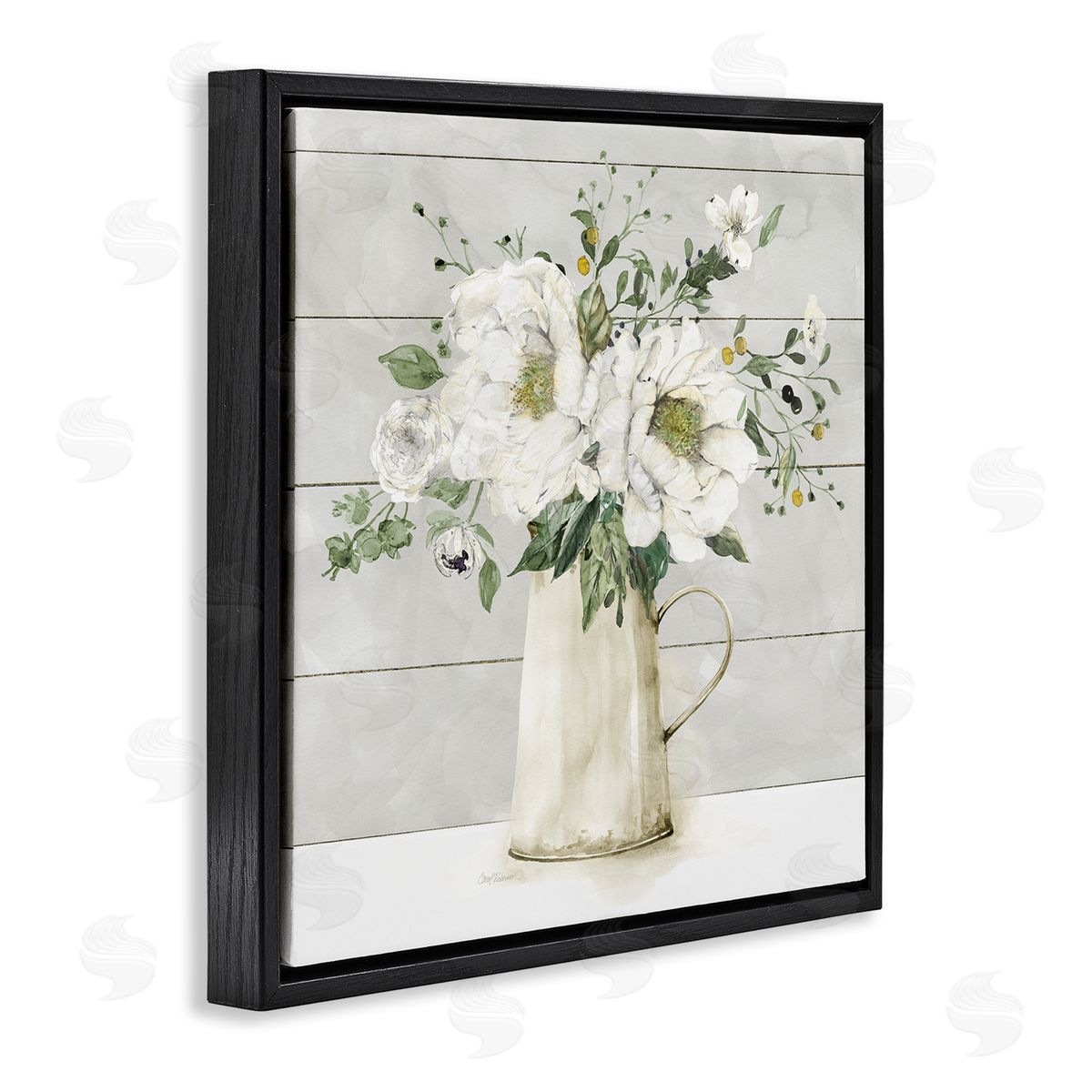 Carol Robinson Country Jug Varied Flower Arrangement Black Floating Frame Canvas Wall Art Print