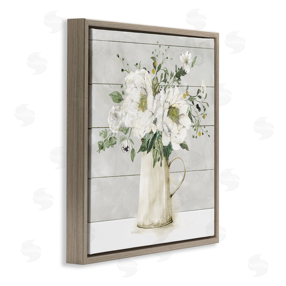 Carol Robinson Country Jug Varied Flower Arrangement Brown Floating Frame Canvas Wall Art Print
