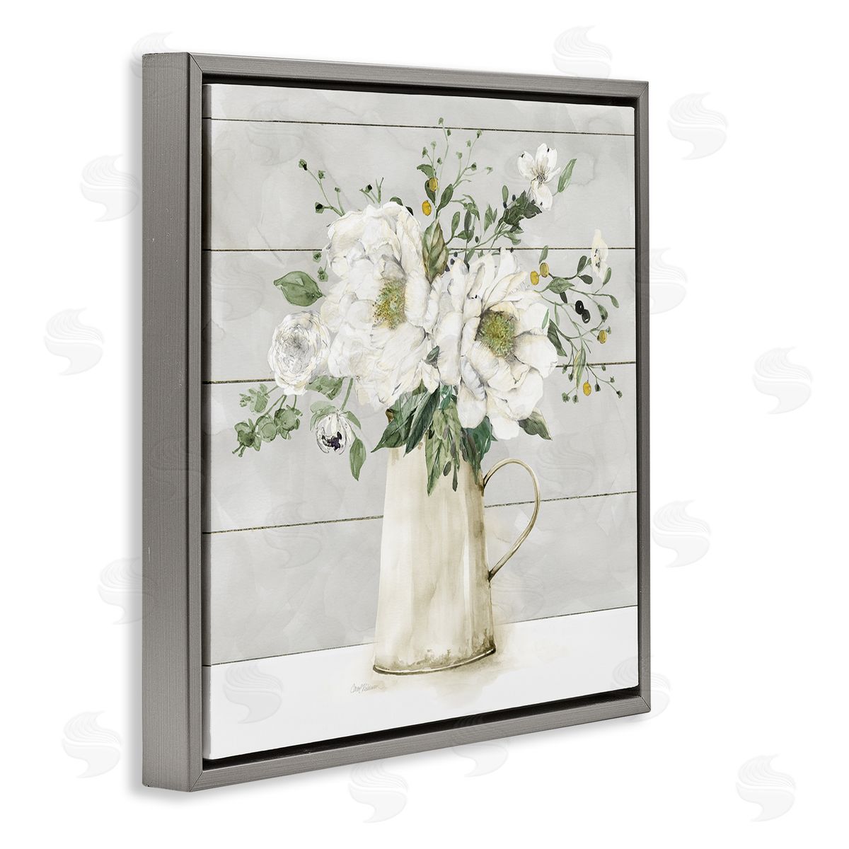 Carol Robinson Country Jug Varied Flower Arrangement Gray Floating Frame Canvas Wall Art Print