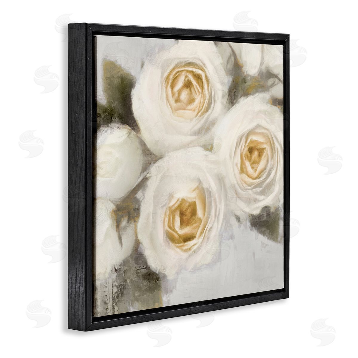Emily Ford Three White Roses Trio Blossoms Black Floating Frame Canvas Wall Art Print