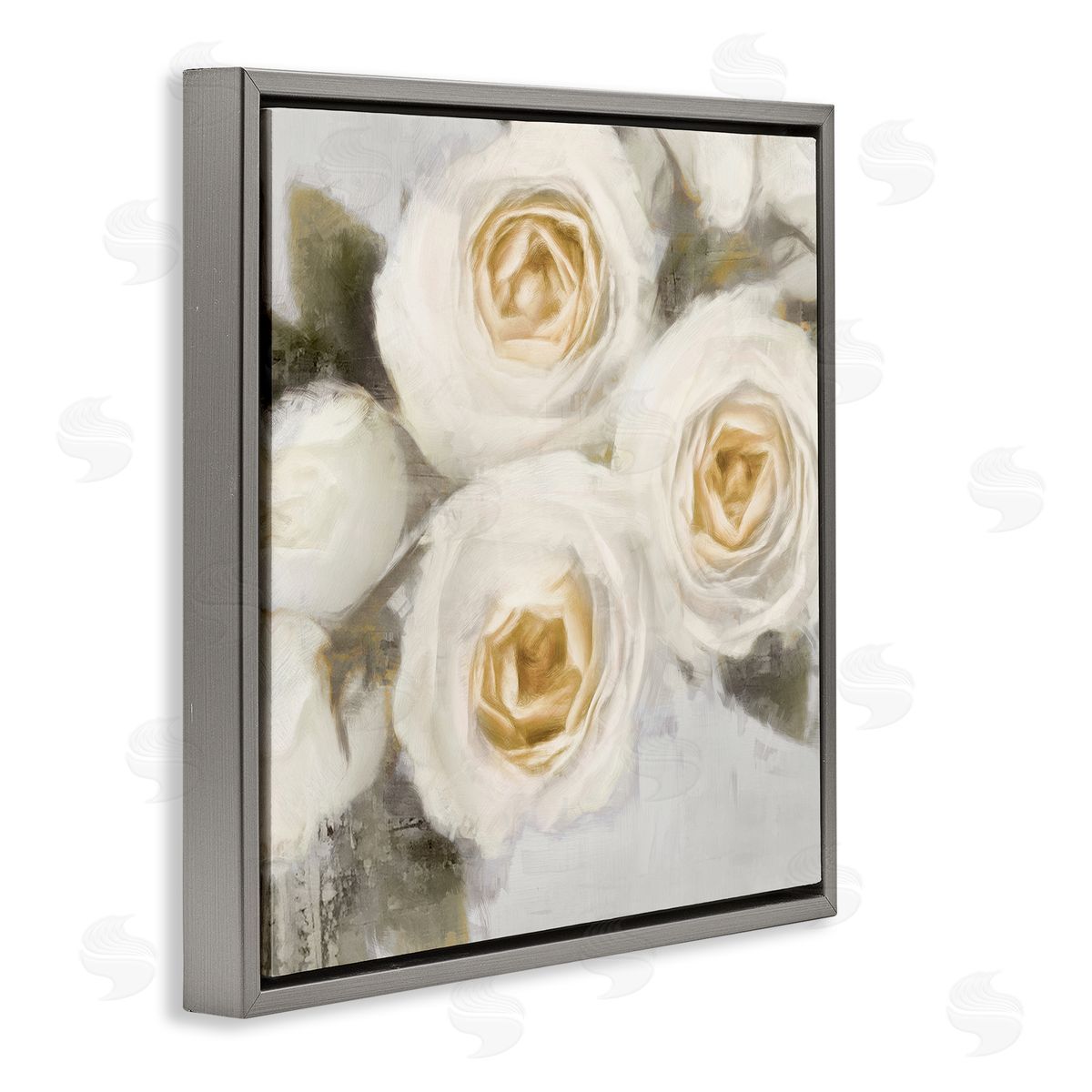Emily Ford Three White Roses Trio Blossoms Gray Floating Frame Canvas Wall Art Print