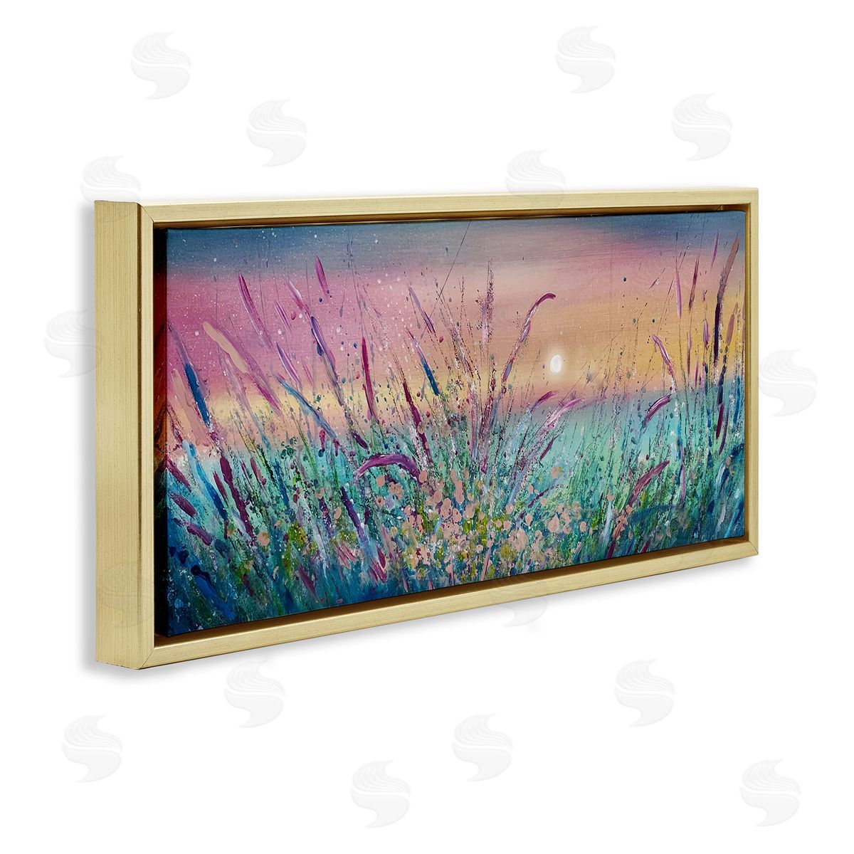 Pond Reeds Sprouting at Sunset Gold Floating Frame Canvas Wall Art, Home Decor by Jennifer Taylor Art