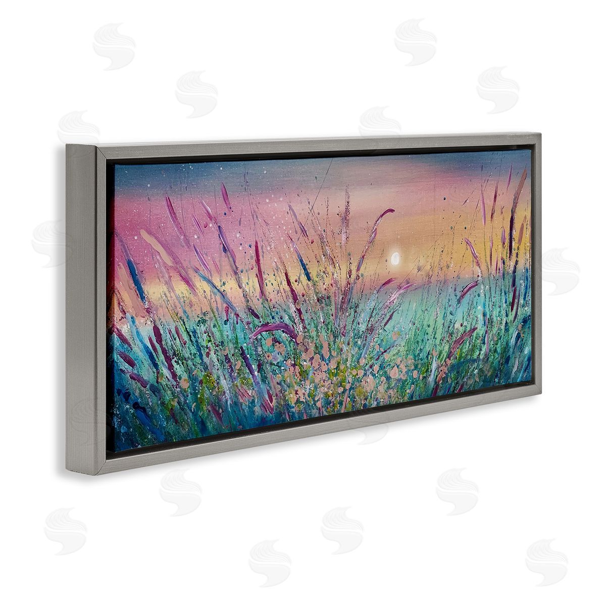 Pond Reeds Sprouting at Sunset Grey Floating Frame Canvas Wall Art, Home Decor by Jennifer Taylor Art