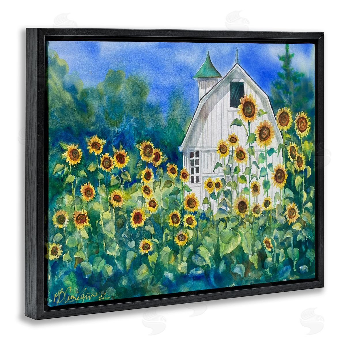 Tall Sunflowers & Country Barn Black Floating Frame Canvas Wall Art, Home Decor by MB Cunningham