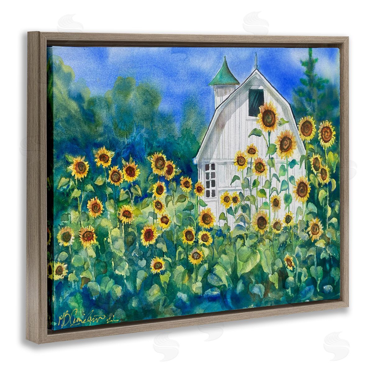 Tall Sunflowers & Country Barn Brown Floating Frame Canvas Wall Art, Home Decor by MB Cunningham