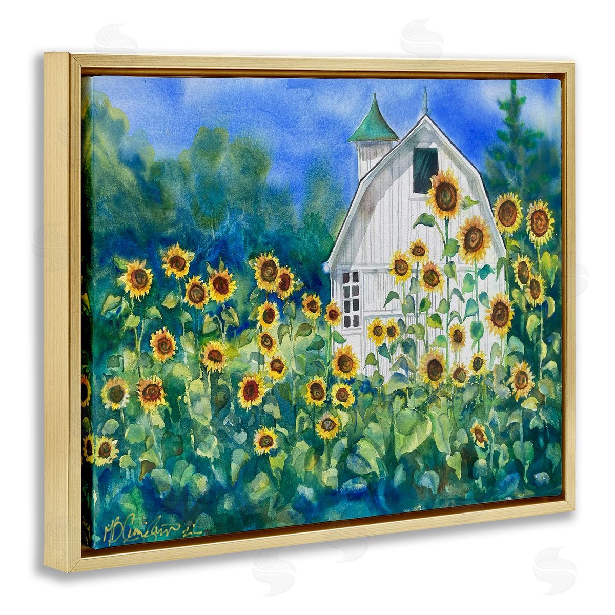 Tall Sunflowers & Country Barn Gold Floating Frame Canvas Wall Art, Home Decor by MB Cunningham