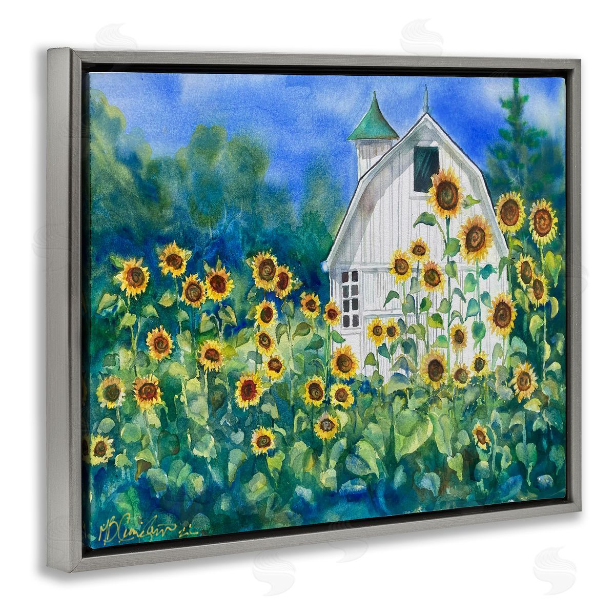 Tall Sunflowers & Country Barn Grey Floating Frame Canvas Wall Art, Home Decor by MB Cunningham
