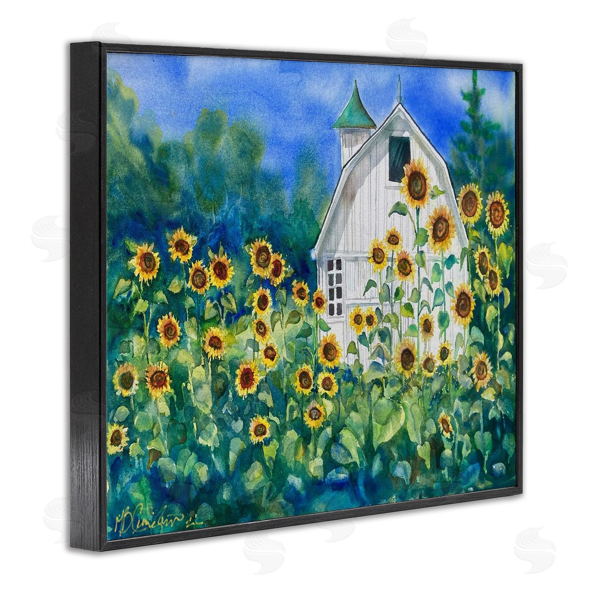 Tall Sunflowers & Country Barn Black Frame Print Wall Art, Home Decor by MB Cunningham