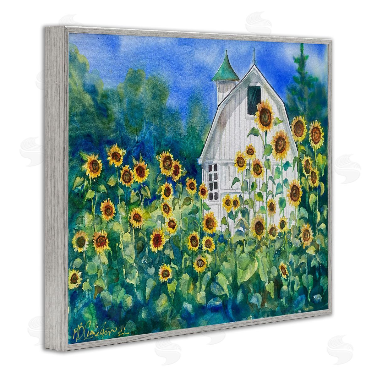 Tall Sunflowers & Country Barn Grey Frame Print Wall Art, Home Decor by MB Cunningham