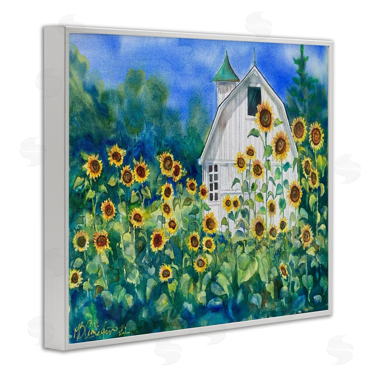 Tall Sunflowers & Country Barn White Frame Print Wall Art, Home Decor by MB Cunningham