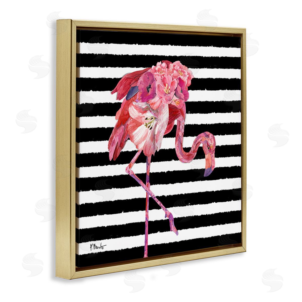 Paul Brent Floral Stripes Flamingo Bird Gold Floating Frame Canvas Wall Art Print