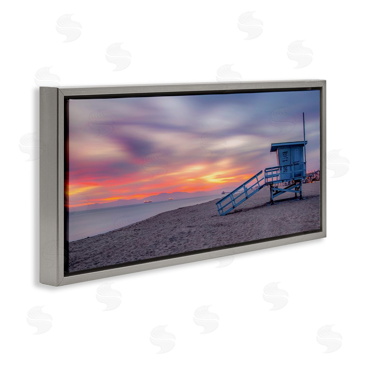 Beach Hut Sunset Horizon Grey Floating Frame Canvas Wall Art, Home Decor by Jeff Poe