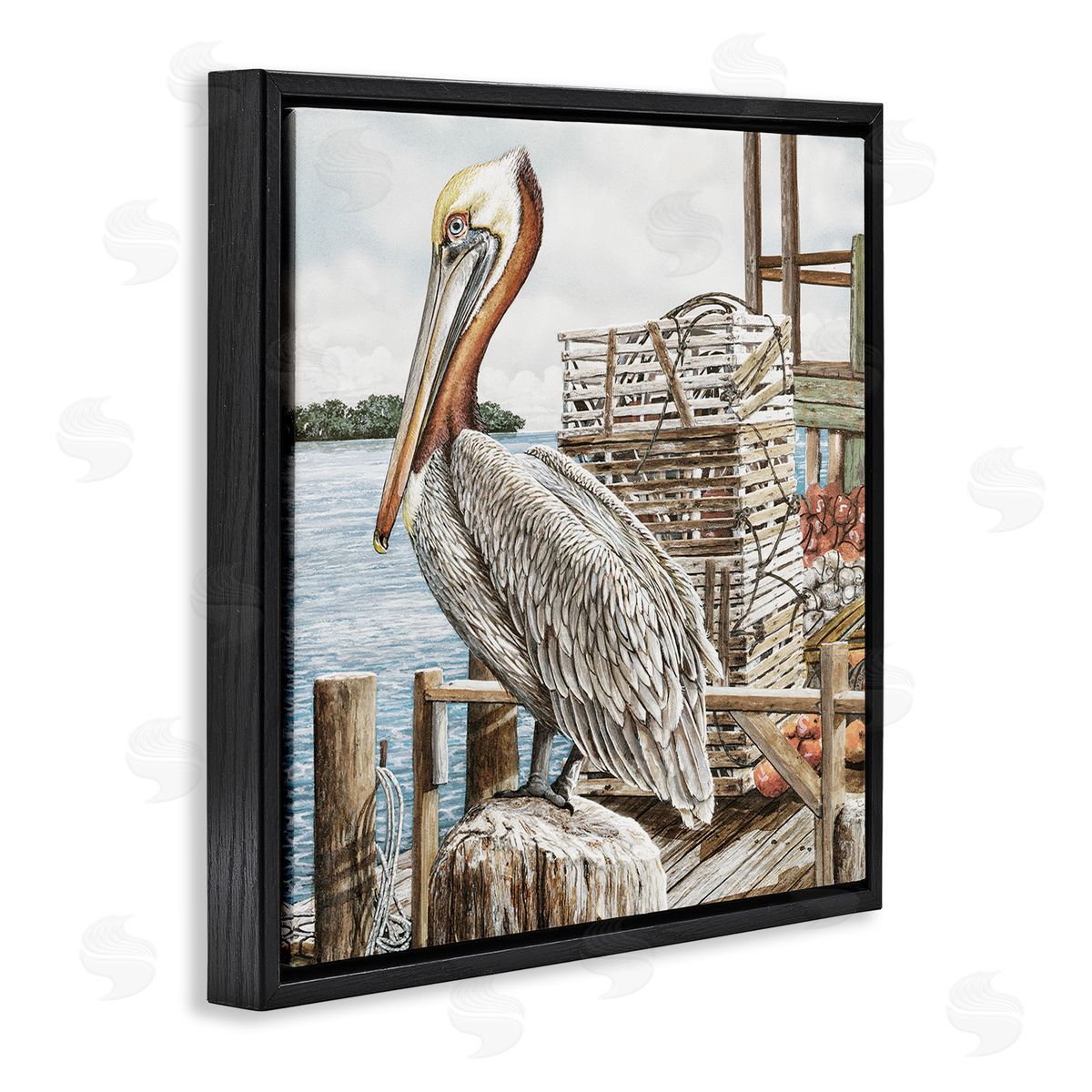 Pelican Perched on Fishing Dock Black Floating Frame Canvas Wall Art, Home Decor by James Harris