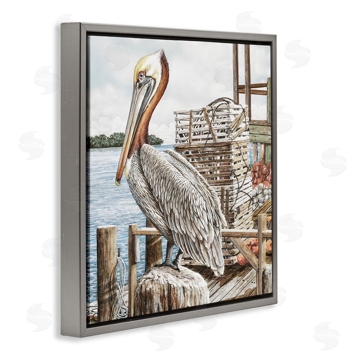 Pelican Perched on Fishing Dock Grey Floating Frame Canvas Wall Art, Home Decor by James Harris