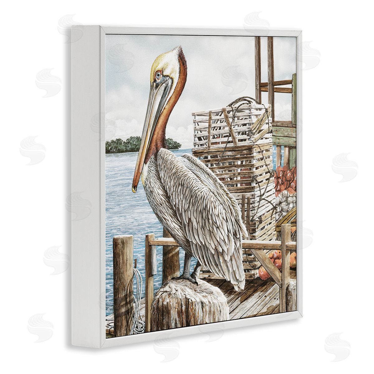 Pelican Perched on Fishing Dock White Frame Print Wall Art, Home Decor by James Harris