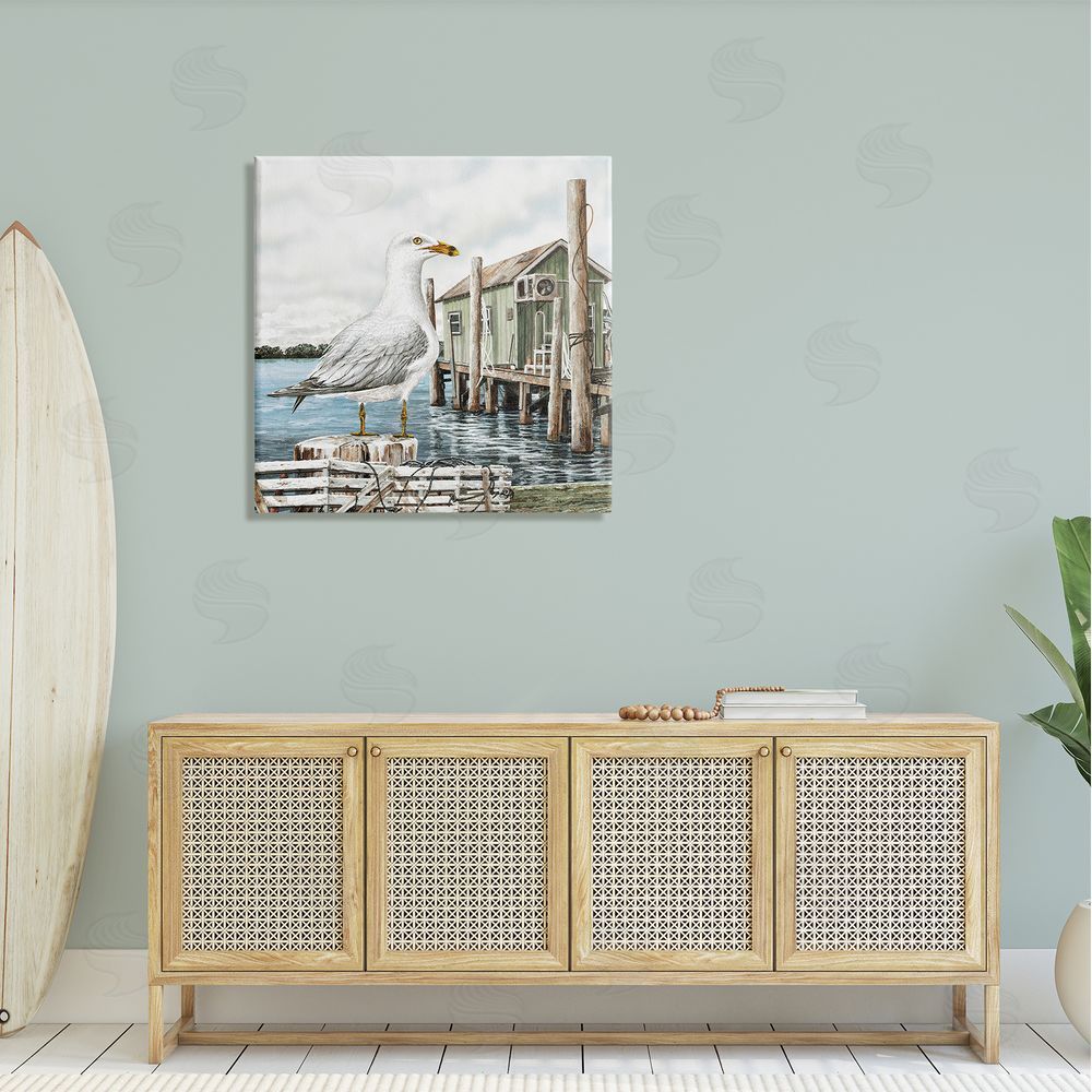 James Harris Coastal Seagull Perched Dock Marina  Canvas Wall Art in Room
