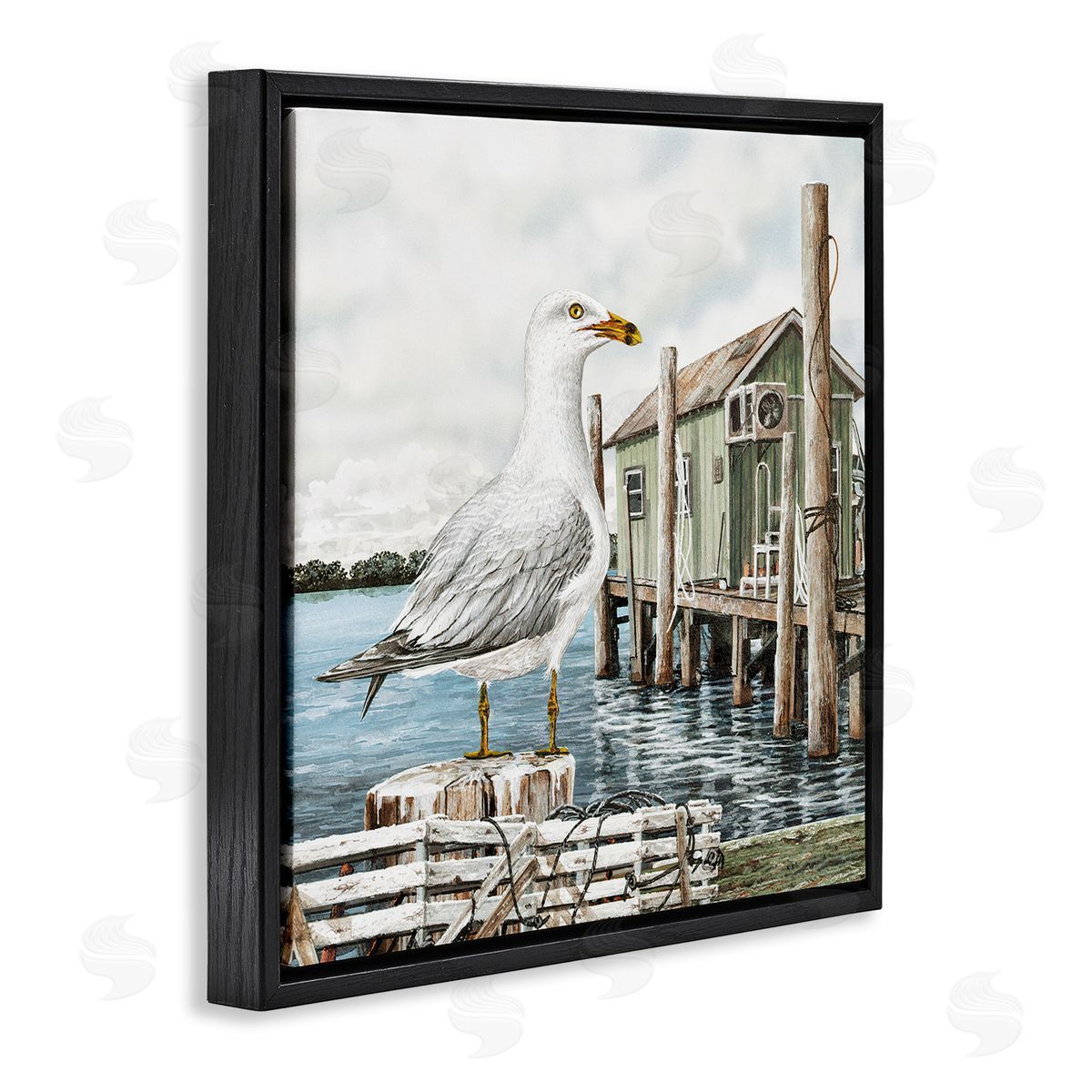James Harris Coastal Seagull Perched Dock Marina  Black Floating Frame Canvas Wall Art Print