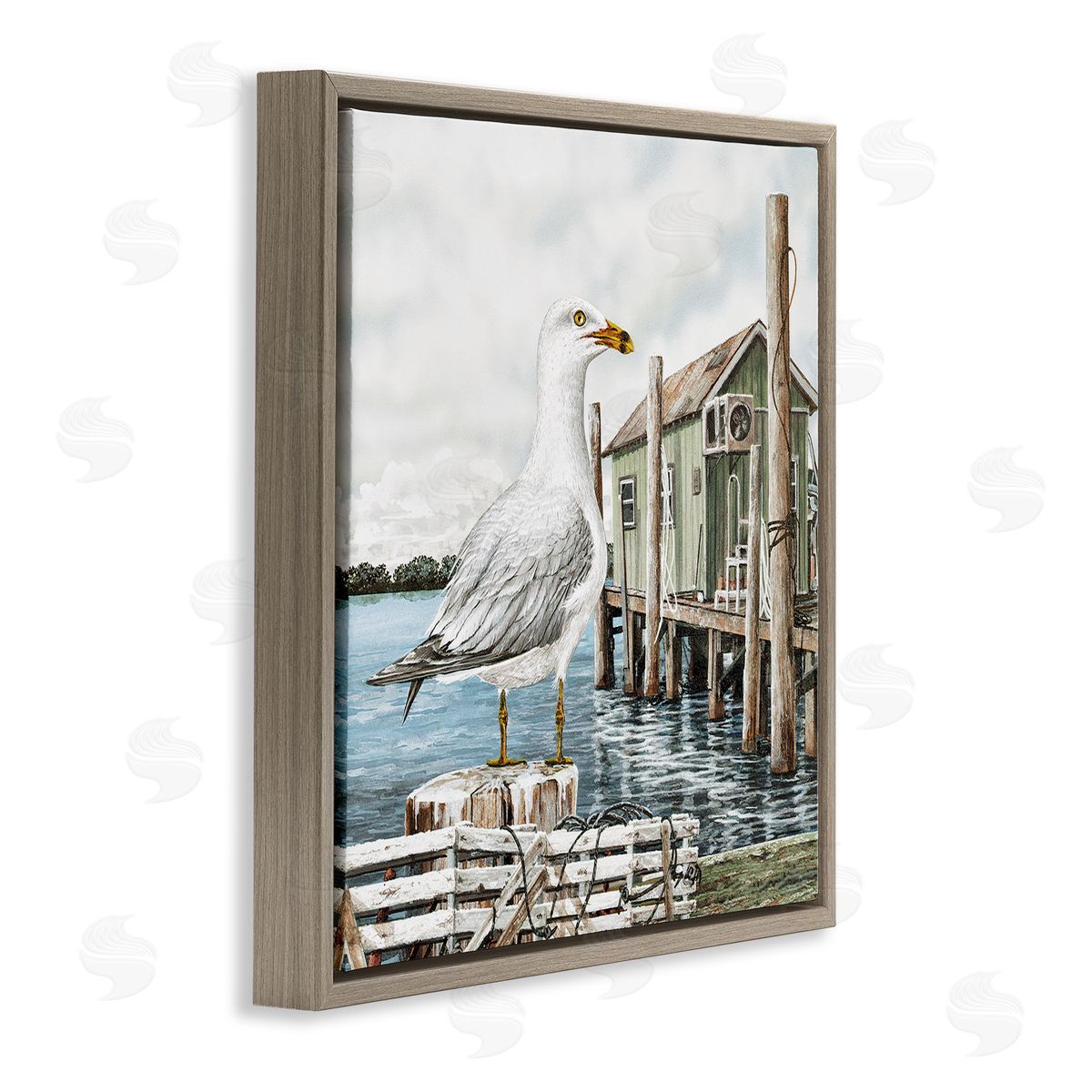 James Harris Coastal Seagull Perched Dock Marina  Brown Floating Frame Canvas Wall Art Print