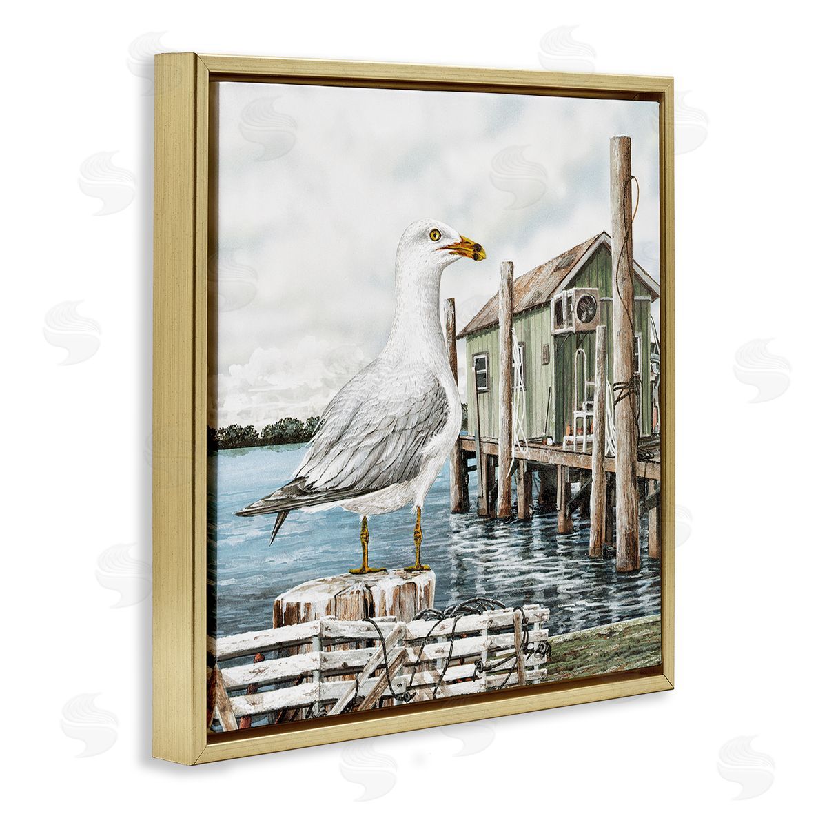 James Harris Coastal Seagull Perched Dock Marina  Gold Floating Frame Canvas Wall Art Print