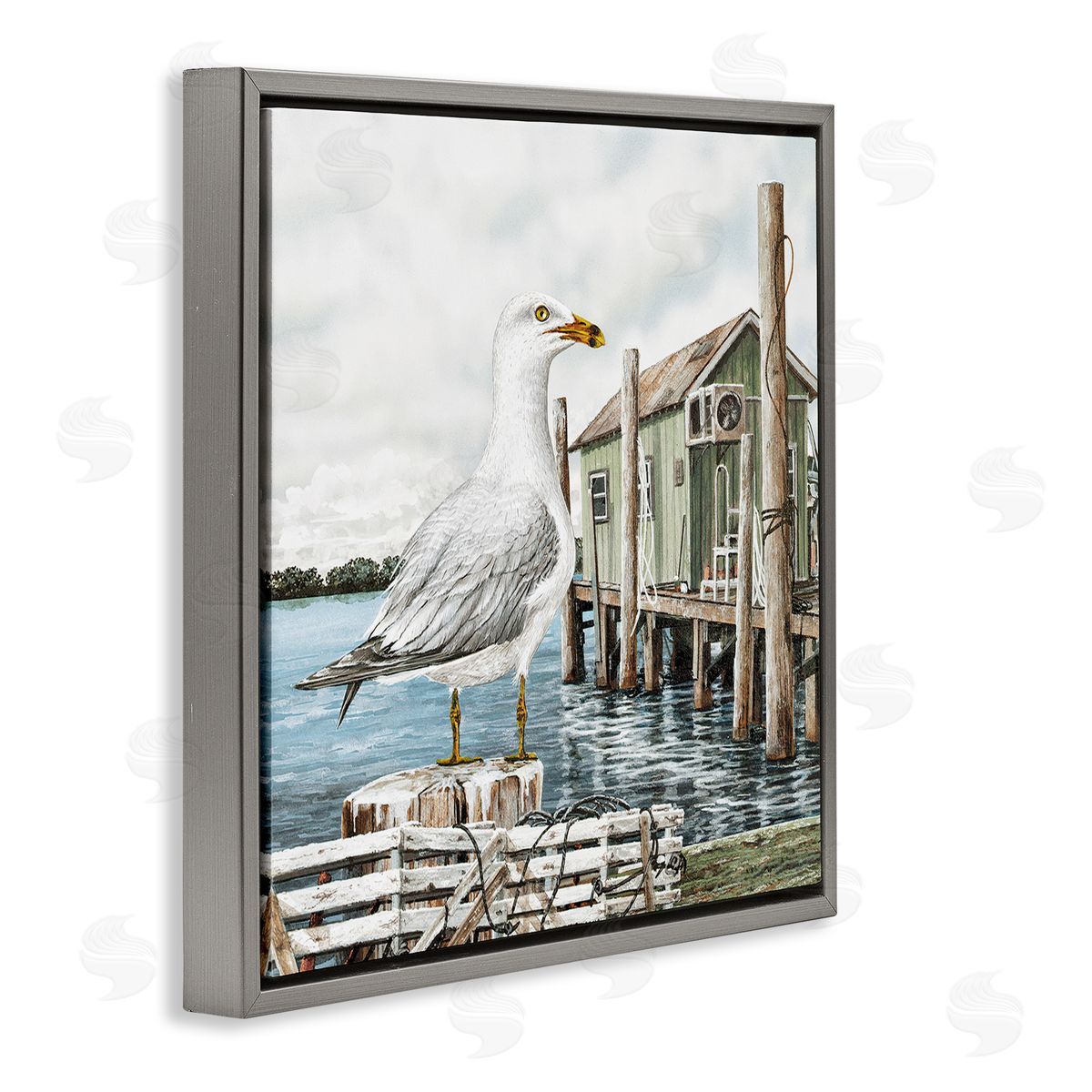 James Harris Coastal Seagull Perched Dock Marina  Gray Floating Frame Canvas Wall Art Print