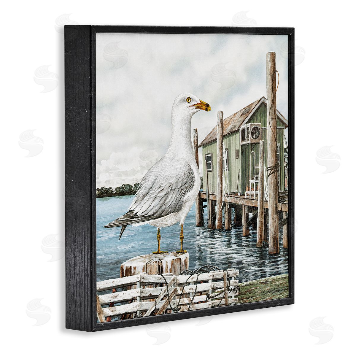 James Harris Coastal Seagull Perched Dock Marina  Black Framed Glicee Wall Art Print