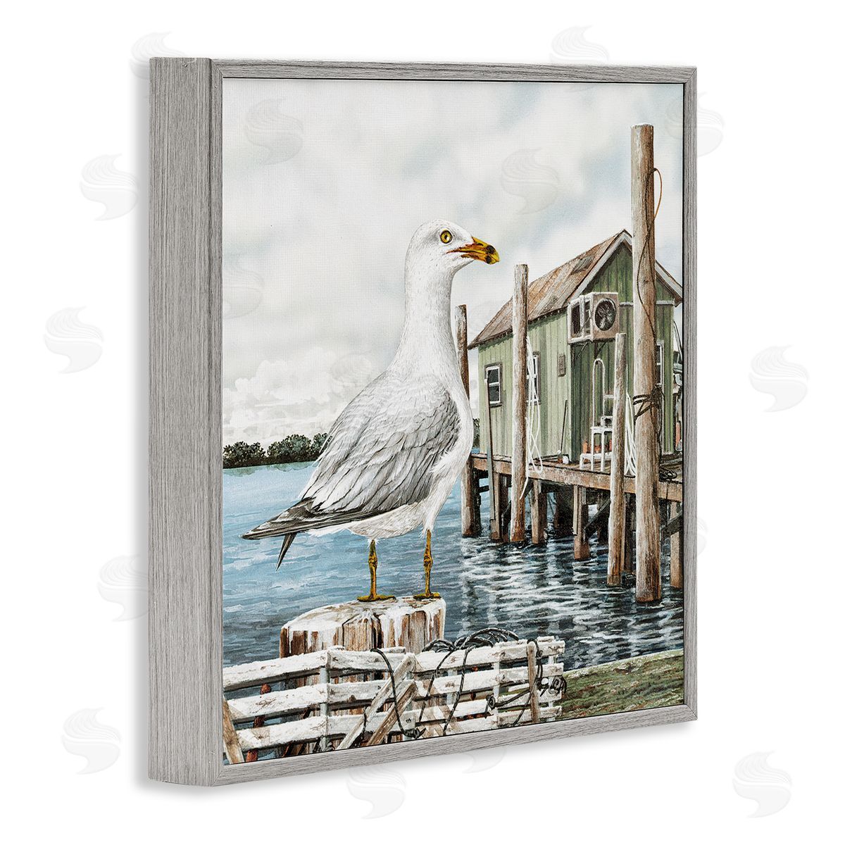 James Harris Coastal Seagull Perched Dock Marina  Gray Framed Glicee Wall Art Print