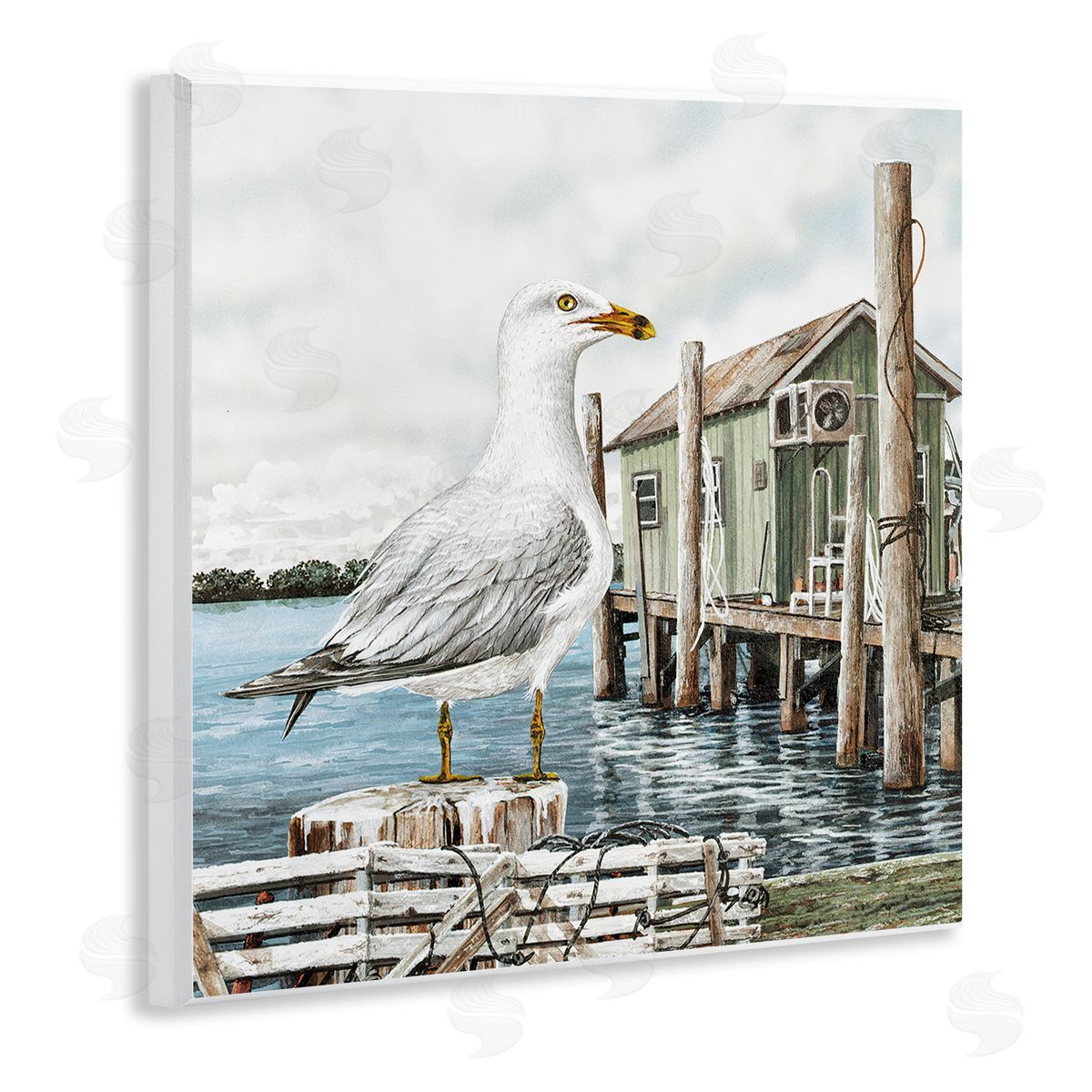 James Harris Coastal Seagull Perched Dock Marina  Wooden Wall Plaque Art Print