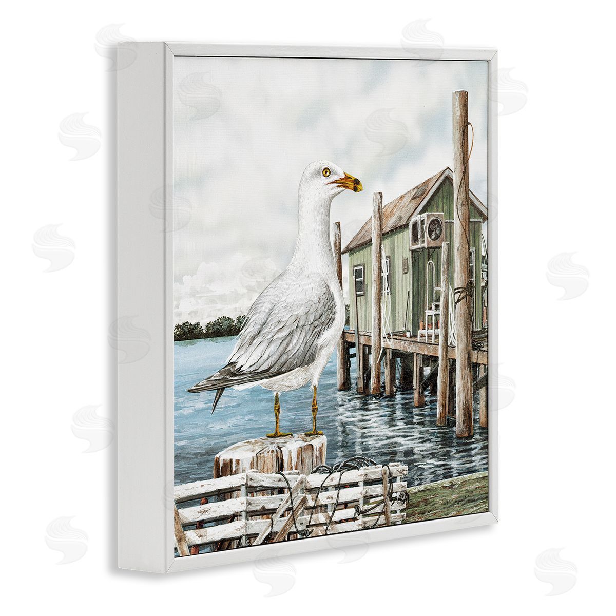 James Harris Coastal Seagull Perched Dock Marina  White Framed Glicee Wall Art Print