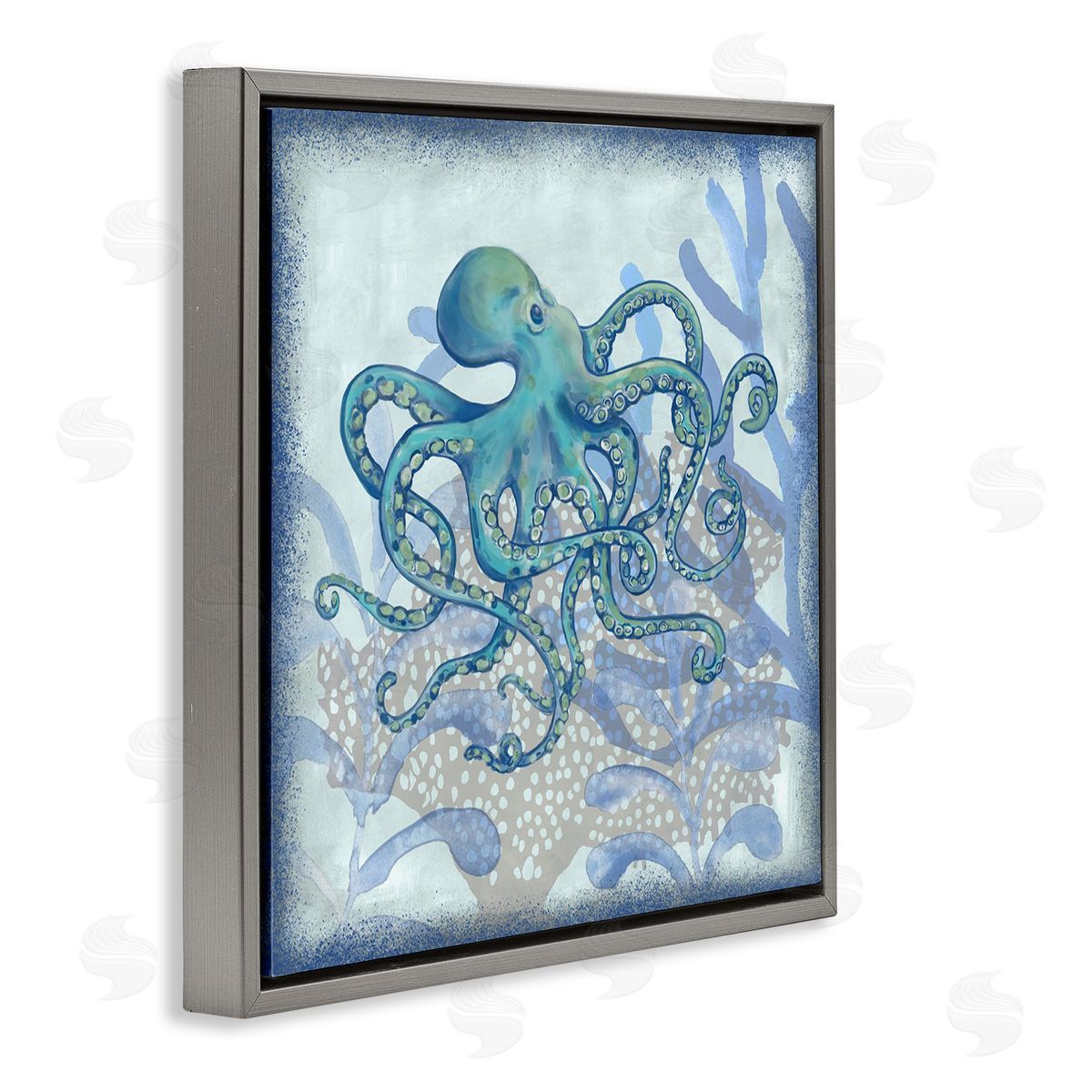 Erica Christopher Layered Octopus Coral Botanicals Gray Floating Frame Canvas Wall Art Print