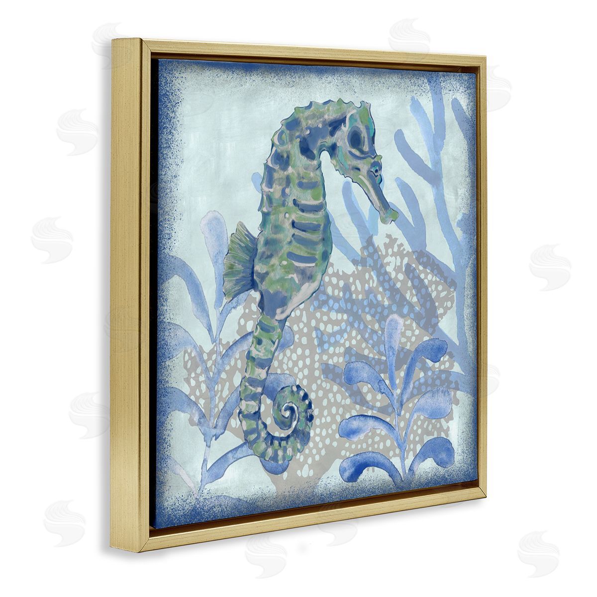 Erica Christopher Seahorse Underwater Coral Botanicals Gold Floating Frame Canvas Wall Art Print