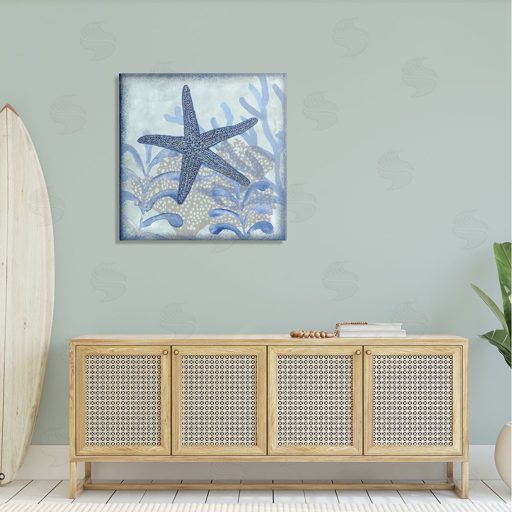 Erica Christopher Vivid Blue Starfish Marine Life Canvas Wall Art in Room