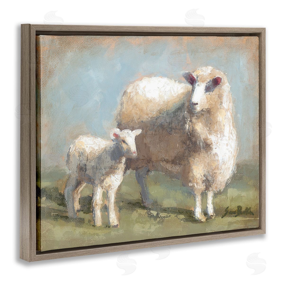 Sheep & Lamb Family Farm Brown Floating Frame Canvas Wall Art, Home Decor by Sara Baker
