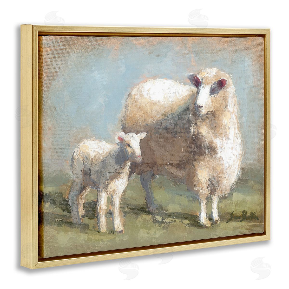 Sheep & Lamb Family Farm Gold Floating Frame Canvas Wall Art, Home Decor by Sara Baker