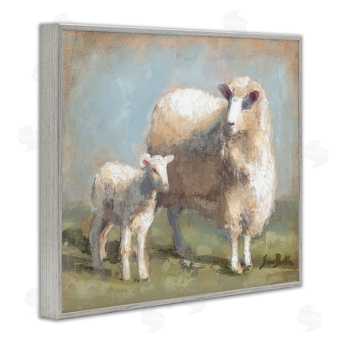 Sheep & Lamb Family Farm Grey Frame Print Wall Art, Home Decor by Sara Baker