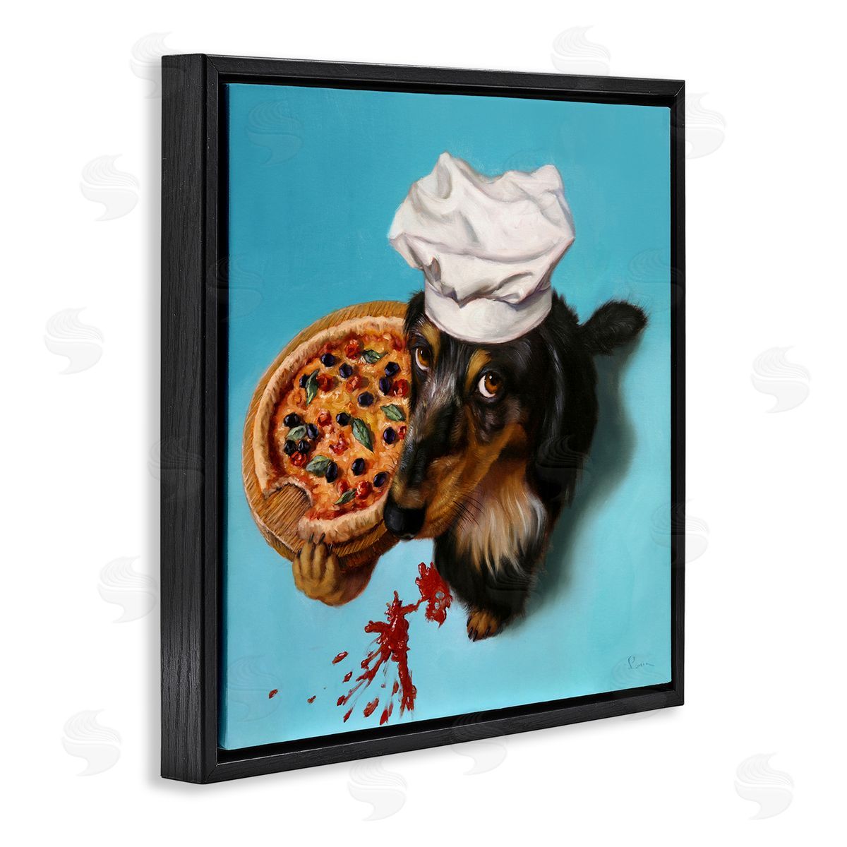 Lucia Heffernan Dog Chef Pizza Bite Portrait Black Floating Frame Canvas Wall Art Print