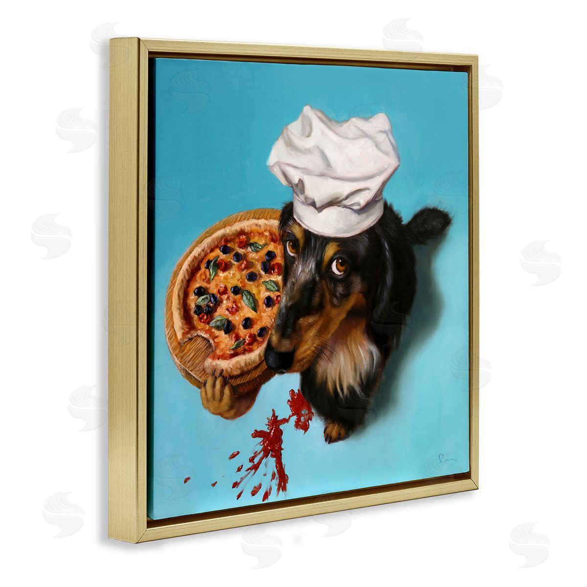 Lucia Heffernan Dog Chef Pizza Bite Portrait Gold Floating Frame Canvas Wall Art Print