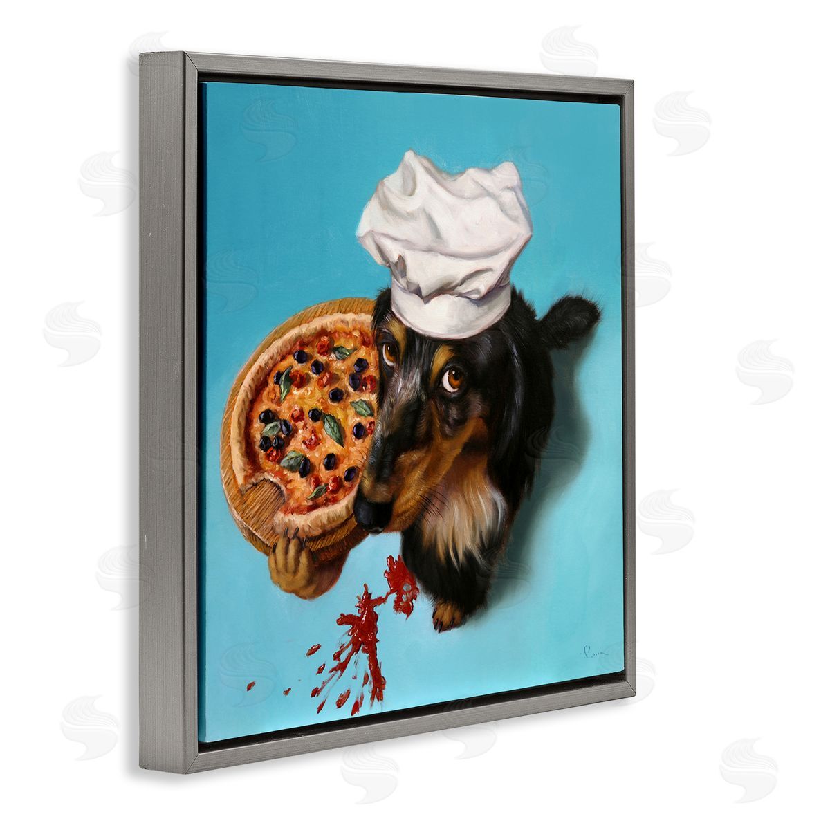 Lucia Heffernan Dog Chef Pizza Bite Portrait Gray Floating Frame Canvas Wall Art Print