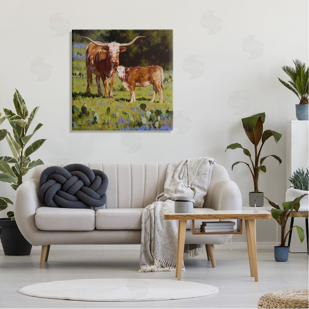 Jimmy Dyer Baby Calf Longhorn Cattle Scene Canvas Wall Art in Room